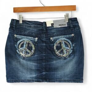 Grace in LA Skirt Womens M Embellished Rhinestone Peace Sign Designer Denim Jean
